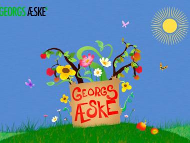Georgs Æskes logo, blomsterkumme med spirer, blomster og æbler